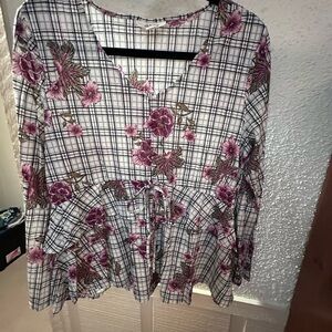 Style & Co. Pink Floral Checkered Blouse